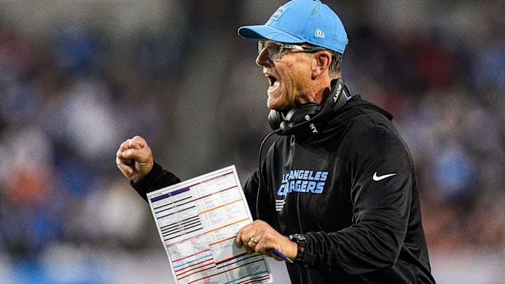 Chargers head coach Jim Harbaugh during the Hall of Fame Game