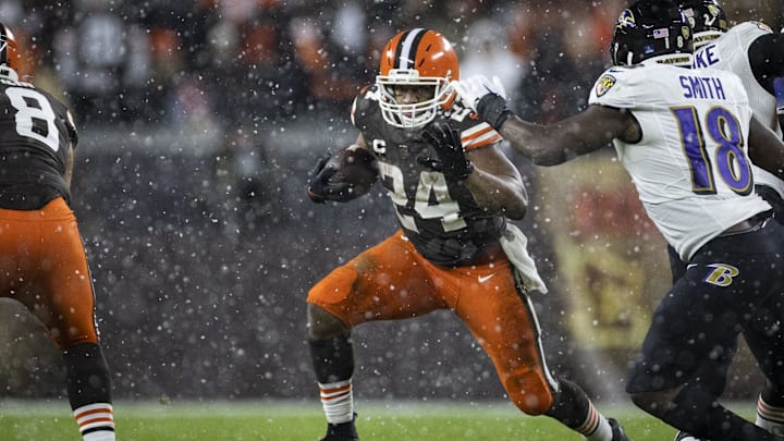 Dec 17, 2022; Cleveland, Ohio, USA; Cleveland Browns running back Nick Chubb (24) runs the ball