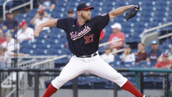 May 27, 2021; Washington, District of Columbia, USA; Washington Nationals starting pitcher Stephen Strasburg (37) pitches against the Cincinnati Reds in the first inning at Nationals Park.