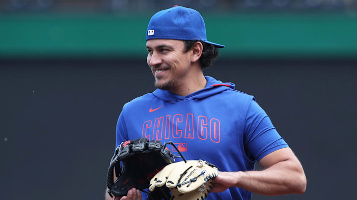 Apr 29, 2025; Pittsburgh, Pennsylvania, USA; Chicago Cubs infielder Nicky Lopez (12) warms up before the game against the Pittsburgh Pirates at PNC Park. Mandatory Credit: Charles LeClaire-Imagn Images