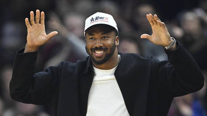Nov 19, 2023; Cleveland, Ohio, USA; Cleveland Browns defensive end Myles Garrett reacts to fans during a game between the Cleveland Cavaliers and the Denver Nuggets at Rocket Mortgage FieldHouse. Mandatory Credit: David Richard-Imagn Images