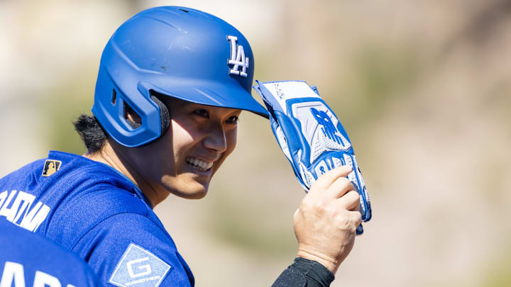 Feb 21, 2026; Tempe, Arizona, USA; Los Angeles Dodgers designated hitter Shohei Ohtani against the Los Angeles Angels during a spring training game at Tempe Diablo Stadium. Mandatory Credit: Mark J. Rebilas-Imagn Images