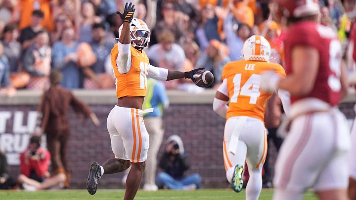 Tennessee defensive back Dejuan Lane (10) celebrates and interception during a game between Tennessee and Alabama in Neyland Stadium in Knoxville, Tenn., Oct. 17, 2026.