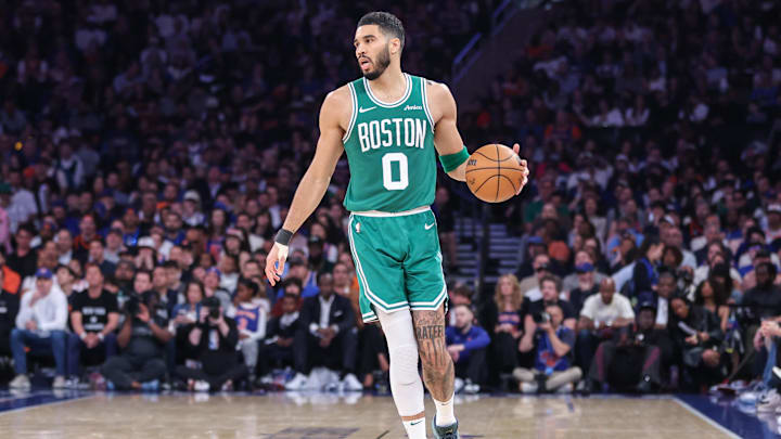 May 10, 2025; New York, New York, USA; Boston Celtics forward Jayson Tatum (0) during game three of the second round for the 2025 NBA Playoffs at Madison Square Garden. Mandatory Credit: Wendell Cruz-Imagn Images