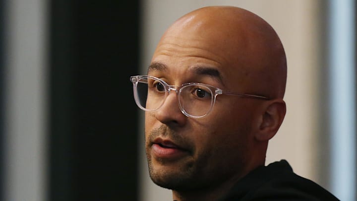 Iowa State's wide receiver coach Noah Pauley talks to media at the school football facility on Wednesday, April 10, 2024, in Ames, Iowa.