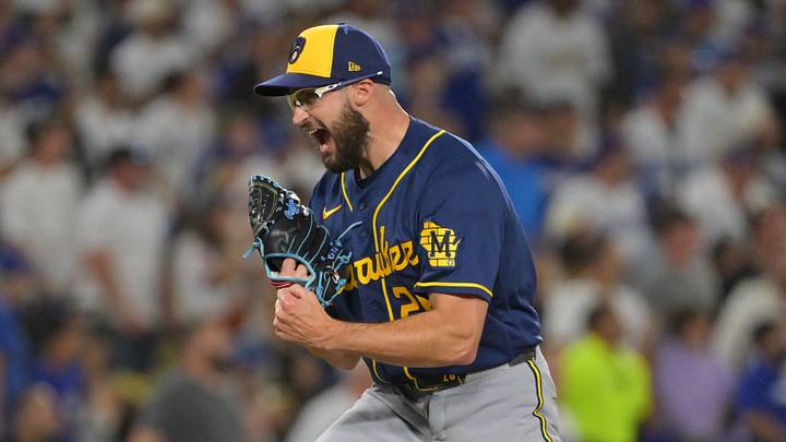 Oct 15, 2026; Los Angeles, California, USA; Milwaukee Brewers pitcher Aaron Ashby (26) reacts after defeating the Los Angeles Dodgers in game four of the NLCS for the 2026 MLB Playoffs at Uniqlo Field at Dodger Stadium. Mandatory Credit: Jayne Kamin-Oncea-Imagn Images Oct 15, 2026; Los Angeles, California, USA; Milwaukee Brewers pitcher Aaron Ashby (26) reacts after defeating the Los Angeles Dodgers in game four of the NLCS for the 2026 MLB Playoffs at Uniqlo Field at Dodger Stadium. Mandatory Credit: Jayne Kamin-Oncea-Imagn Images