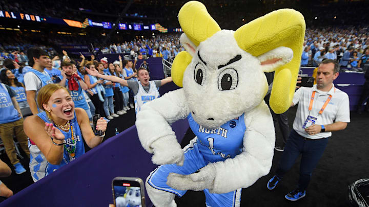 Apr 2, 2022; New Orleans, LA, USA; North Carolina Tar Heels mascot Rameses before the game against the Duke Blue Devils during the 2022 NCAA men's basketball tournament Final Four semifinals at Caesars Superdome.