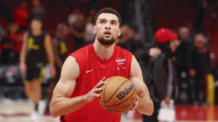 Nov 6, 2023; Chicago, Illinois, USA; Chicago Bulls guard Zach LaVine (8) warms up before a basketball game against the Utah Jazz at United Center. Mandatory Credit: Kamil Krzaczynski-USA TODAY Sports