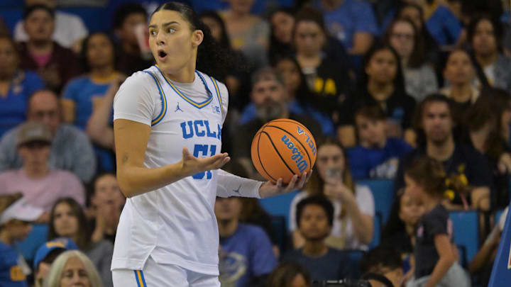 Feb 1, 2026; Los Angeles, California, USA;  UCLA Bruins center Lauren Betts (51) reacts after a foul call in the second half against the Iowa Hawkeyes at Pauley Pavilion presented by Wescom Financial. Mandatory Credit: Jayne Kamin-Oncea-Imagn Images