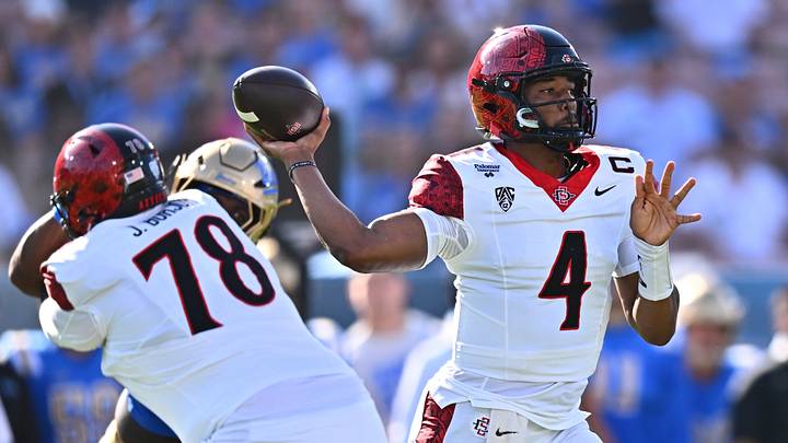 Sep 12, 2026; Pasadena, California, USA; San Diego State quarterback Jayden Denegal (4).