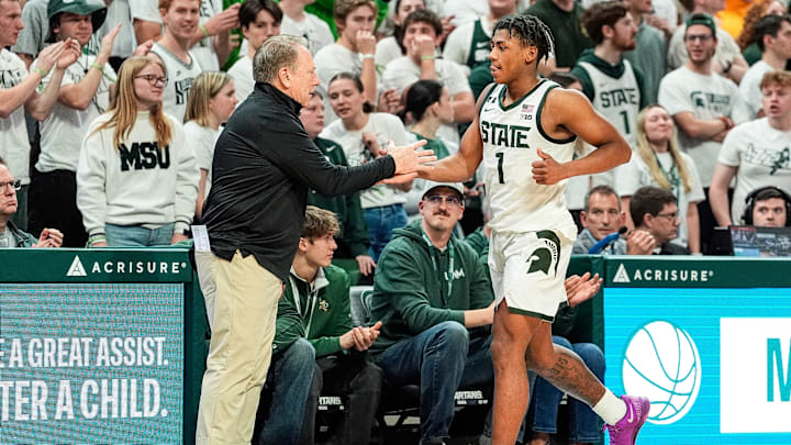 Michigan State head coach Tom Izzo shakes hands guard Jeremy Fears Jr. (1) as he walks off the bench during the second half at Breslin Center in East Lansing on Tuesday, Jan. 28, 2025.