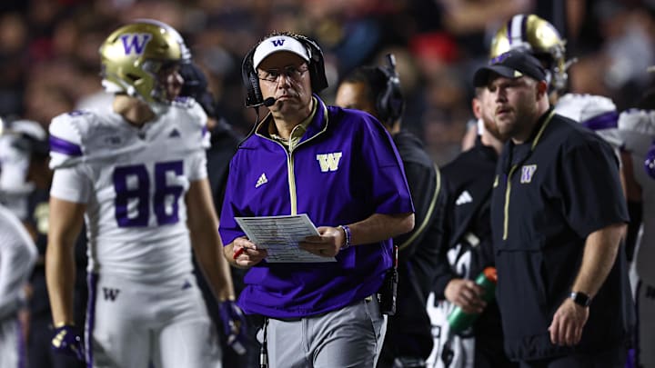 Sep 27, 2024; Piscataway, New Jersey, USA; Washington Huskies head coach Jedd Fisch looks on during the first half against the Rutgers Scarlet Knights at SHI Stadium. Mandatory Credit: Vincent Carchietta-Imagn Images