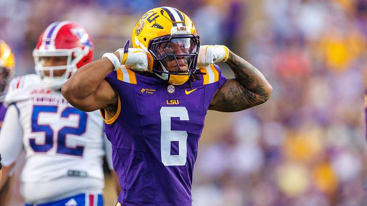 Sep 12, 2026; Baton Rouge, Louisiana, USA; LSU Tigers linebacker TJ Dottery (6) reacts to a play against Louisiana Tech Bulldogs during the first half at Tiger Stadium. Mandatory Credit: Stephen Lew-Imagn Images Sep 12, 2026; Baton Rouge, Louisiana, USA; LSU Tigers linebacker TJ Dottery (6) reacts to a play against Louisiana Tech Bulldogs during the first half at Tiger Stadium. Mandatory Credit: Stephen Lew-Imagn Images