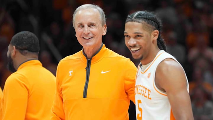Tennessee head coach Rick Barnes and Tennessee's Zakai Zeigler (5) during Senior Day presentations after a men’s college basketball game between Tennessee and South Carolina at Thompson-Boling Arena at Food City Center, Saturday, March 8, 2025. Tennessee head coach Rick Barnes and Tennessee's Zakai Zeigler (5) during Senior Day presentations after a men’s college basketball game between Tennessee and South Carolina at Thompson-Boling Arena at Food City Center, Saturday, March 8, 2025.