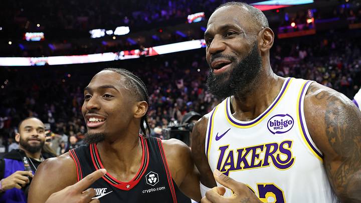 Dec 7, 2025; Philadelphia, Pennsylvania, USA; Los Angeles Lakers forward Lebron James (23) and Philadelphia 76ers guard Tyrese Maxey after the game at Xfinity Mobile Arena. Mandatory Credit: Bill Streicher-Imagn Images Dec 7, 2025; Philadelphia, Pennsylvania, USA; Los Angeles Lakers forward Lebron James (23) and Philadelphia 76ers guard Tyrese Maxey after the game at Xfinity Mobile Arena. Mandatory Credit: Bill Streicher-Imagn Images