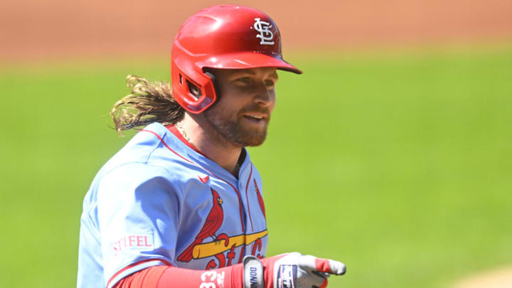Jun 28, 2025; Cleveland, Ohio, USA; St. Louis Cardinals second baseman Brendan Donovan (33) runs the bases on his solo home run in the first inning against the Cleveland Guardians at Progressive Field. Mandatory Credit: David Richard-Imagn Images