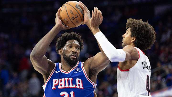 Oct 29, 2023; Philadelphia, Pennsylvania, USA; Philadelphia 76ers center Joel Embiid (21) drives