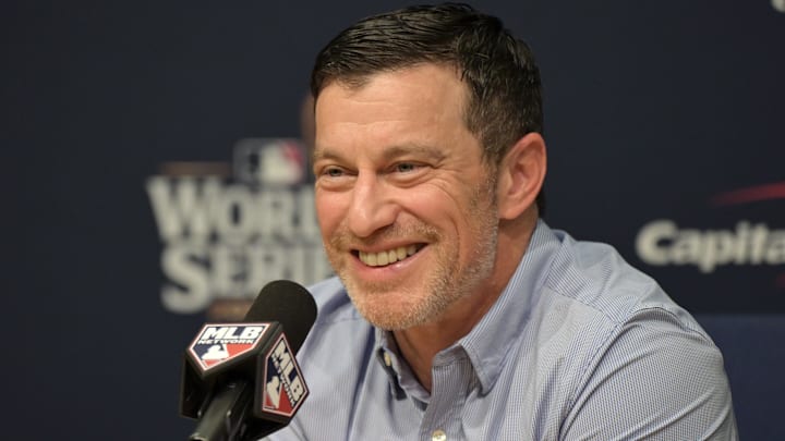 Oct 25, 2024; Los Angeles, California, USA; Los Angeles Dodgers president of baseball operations Andrew Friedman speaks in a press conference before game one against the New York Yankees in the 2024 MLB World Series at Dodger Stadium. Mandatory Credit: Jayne Kamin-Oncea-Imagn Images Oct 25, 2024; Los Angeles, California, USA; Los Angeles Dodgers president of baseball operations Andrew Friedman speaks in a press conference before game one against the New York Yankees in the 2024 MLB World Series at Dodger Stadium. Mandatory Credit: Jayne Kamin-Oncea-Imagn Images