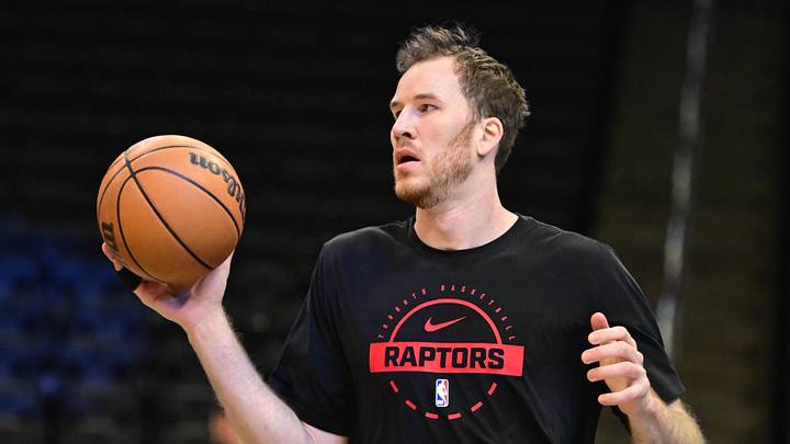 Feb 22, 2026; Milwaukee, Wisconsin, USA; Toronto Raptors center Jakob Poeltl (19) warms up before game against the Milwaukee Bucks at Fiserv Forum. Mandatory Credit: Benny Sieu-Imagn Images