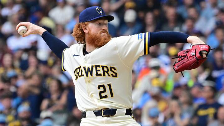 Aug 6, 2026; Milwaukee, Wisconsin, USA; Milwaukee Brewers starting pitcher Dustin May (21) throws a pitch in the first inning against the Pittsburgh Pirates at American Family Field. Mandatory Credit: Benny Sieu-Imagn Images Aug 6, 2026; Milwaukee, Wisconsin, USA; Milwaukee Brewers starting pitcher Dustin May (21) throws a pitch in the first inning against the Pittsburgh Pirates at American Family Field. Mandatory Credit: Benny Sieu-Imagn Images