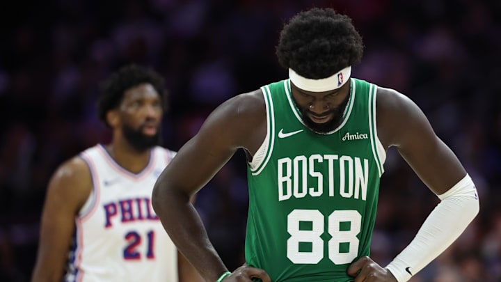 Apr 30, 2026; Philadelphia, Pennsylvania, USA; Boston Celtics center Neemias Queta (88) looks on in front of Philadelphia 76ers center Joel Embiid (21) during the third quarter at Xfinity Mobile Arena. Mandatory Credit: Bill Streicher-Imagn Images