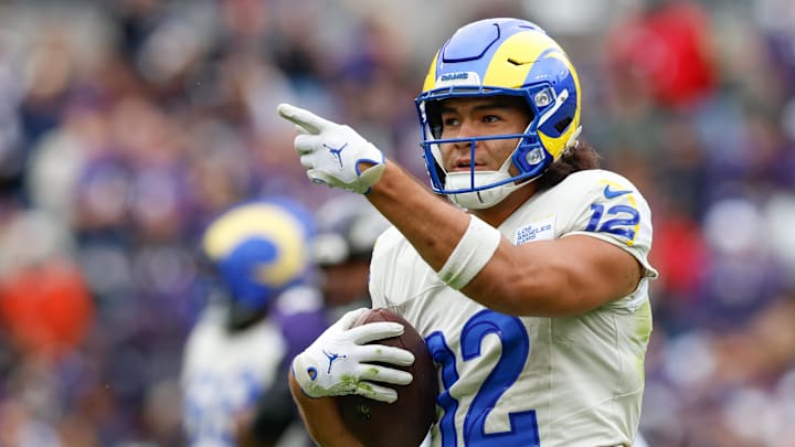 Oct 12, 2025; Baltimore, Maryland, USA; Los Angeles Rams wide receiver Puka Nacua (12) celebrates after a play against the Baltimore Ravens during the second quarter of the game at M&T Bank Stadium. Oct 12, 2025; Baltimore, Maryland, USA; Los Angeles Rams wide receiver Puka Nacua (12) celebrates after a play against the Baltimore Ravens during the second quarter of the game at M&T Bank Stadium.