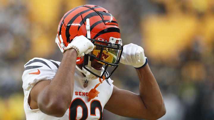 Dec 23, 2023; Pittsburgh, Pennsylvania, USA;  Cincinnati Bengals wide receiver Tyler Boyd (83) reacts during warm ups before the game against the Pittsburgh Steelers at Acrisure Stadium. Mandatory Credit: Charles LeClaire-Imagn Images