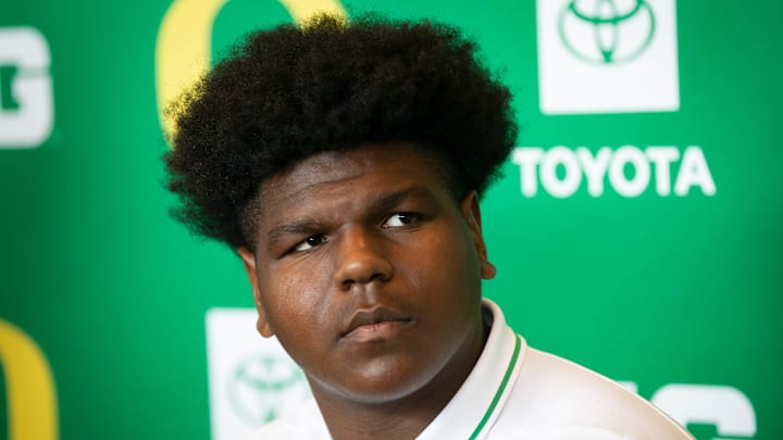 Oregon offensive lineman Josh Conerly Jr. speaks during Oregon football’s media day Monday, July 29, 2024 at Autzen Stadium in Eugene, Ore.