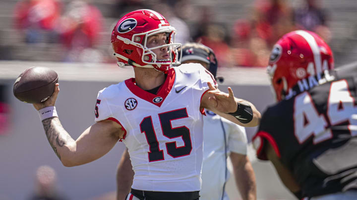 Apr 13, 2024; Athens, GA, USA; Georgia Bulldogs quarterback Carson Beck (15) passes the ball during the G-Day Game at Sanford Stadium. Mandatory Credit: Dale Zanine-USA TODAY Sports Apr 13, 2024; Athens, GA, USA; Georgia Bulldogs quarterback Carson Beck (15) passes the ball during the G-Day Game at Sanford Stadium. Mandatory Credit: Dale Zanine-USA TODAY Sports