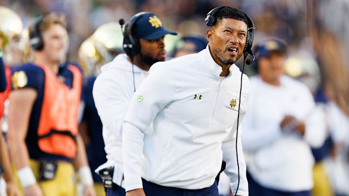 Notre Dame head coach Marcus Freeman looks on in the second half of a NCAA football game against NC State at Notre Dame Stadium on Saturday, Oct. 11, 2025, in South Bend.