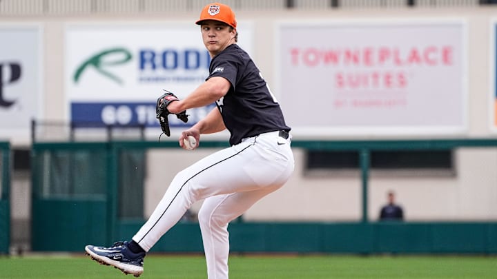Detroit Tigers pitcher Jackson Jobe throws at batting practice during spring training at Joker Marchant Stadium in Lakeland, Fla. on Thursday, Feb. 20, 2025.