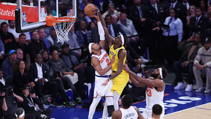 May 21, 2025; New York, New York, USA; Indiana Pacers forward Pascal Siakam (43) shoots against New York Knicks guard Miles McBride (2) in the fourth quarter during game one of the eastern conference finals for the 2025 NBA Playoffs at Madison Square Garden. Mandatory Credit: Wendell Cruz-Imagn Images