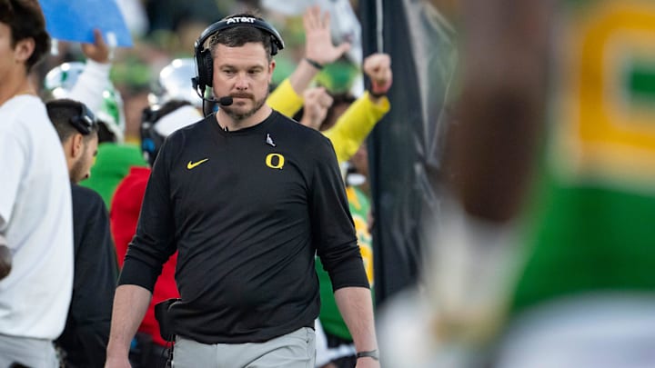 Oregon head coach Dan Lanning looks down during the second half as the Oregon Ducks face the Ohio State Buckeyes Wednesday, Jan. 1, 2025, in the quarterfinal of the College Football Playoff at the Rose Bowl in Pasadena, Calif. Oregon head coach Dan Lanning looks down during the second half as the Oregon Ducks face the Ohio State Buckeyes Wednesday, Jan. 1, 2025, in the quarterfinal of the College Football Playoff at the Rose Bowl in Pasadena, Calif.