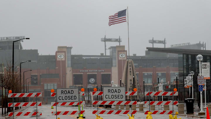 Work on the NFL Draft stage is underway outside of Lambeau Field.