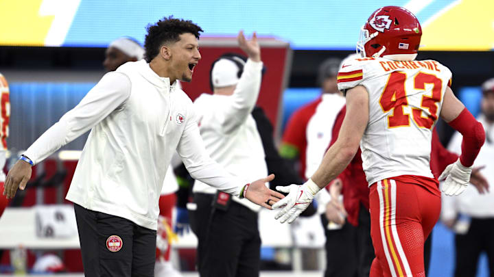 Jan 7, 2024; Inglewood, California, USA; Kansas City Chiefs quarterback Patrick Mahomes (left)