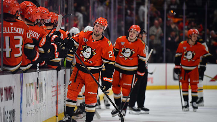 Mar 26, 2025; Anaheim, California, USA; Anaheim Ducks center Mason McTavish (23) celebrates his goal scored against the Boston Bruins during the third period at Honda Center. Mandatory Credit: Gary A. Vasquez-Imagn Images