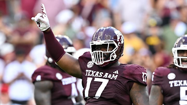 Oct 5, 2024; College Station, Texas, USA; Texas A&M Aggies tight end Theo Melin Ohrstrom (17) reacts in the fourth quarter against the Missouri Tigers at Kyle Field. Mandatory Credit: Maria Lysaker-Imagn Images. 