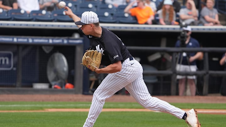 Mar 10, 2025; Tampa, Florida, USA; New York Yankees pitcher Will Warren (98) throws a pitch against the Detroit Tigers during the first inning at George M. Steinbrenner Field. 