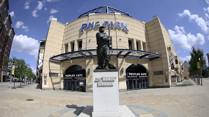 Jul 28, 2020; Pittsburgh, Pennsylvania, USA; General view of the Honus Wagner statue and the exterior of the main gate at PNC Park before the Pittsburgh Pirates host the Milwaukee Brewers. Mandatory Credit: Charles LeClaire-Imagn Images