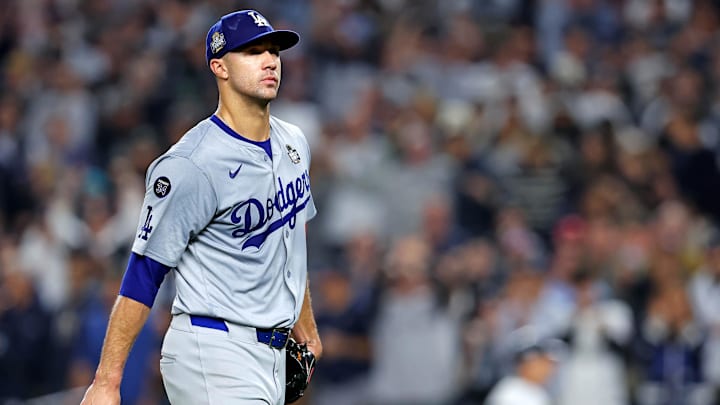 Oct 30, 2024; New York, New York, USA; Los Angeles Dodgers pitcher Jack Flaherty (0) reacts after being relieved during the second inning against the New York Yankees in game four of the 2024 MLB World Series at Yankee Stadium. 