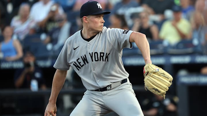 New York Yankees starting pitcher Will Warren (98) throws a pitch against the Tampa Bay Rays during the first inning at George M. Steinbrenner Field in Tampa, Fla., on April 17, 2025.