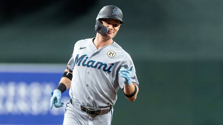 Sep 15, 2026; Phoenix, Arizona, USA; Miami Marlins outfielder Griffin Conine celebrates as he rounds the bases after hitting a solo home run in the fourth inning against the Arizona Diamondbacks at Chase Field. Mandatory Credit: Mark J. Rebilas-Imagn Images
