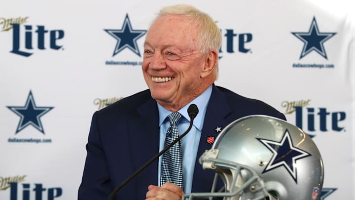 Dallas Cowboys owner Jerry Jones smiles as he answers questions during a press conference at Ford Center at The Star. 