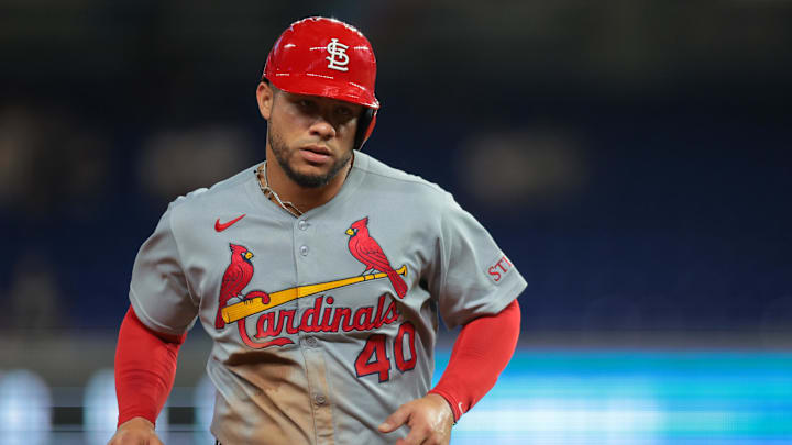 Aug 18, 2025; Miami, Florida, USA; St. Louis Cardinals first baseman Willson Contreras (40) circles the bases after a two-run home run by third baseman Nolan Gorman (not pictured) during the ninth inning at loanDepot Park. Mandatory Credit: Sam Navarro-Imagn Images Aug 18, 2025; Miami, Florida, USA; St. Louis Cardinals first baseman Willson Contreras (40) circles the bases after a two-run home run by third baseman Nolan Gorman (not pictured) during the ninth inning at loanDepot Park. Mandatory Credit: Sam Navarro-Imagn Images