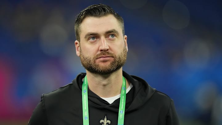 Mar 2, 2024; Indianapolis, IN, USA; New Orleans Saints quarterbacks coach Andrew Janocko during the 2024 NFL Combine at Lucas Oil Stadium. Mar 2, 2024; Indianapolis, IN, USA; New Orleans Saints quarterbacks coach Andrew Janocko during the 2024 NFL Combine at Lucas Oil Stadium.