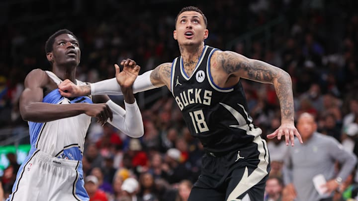 Feb 7, 2025 — Atlanta, Georgia, USA: Milwaukee Bucks forward Kyle Kuzma (18) boxes out Atlanta Hawks forward Mouhamed Gueye (18) in the third quarter at State Farm Arena. Mandatory Credit: Brett Davis-Imagn Images
