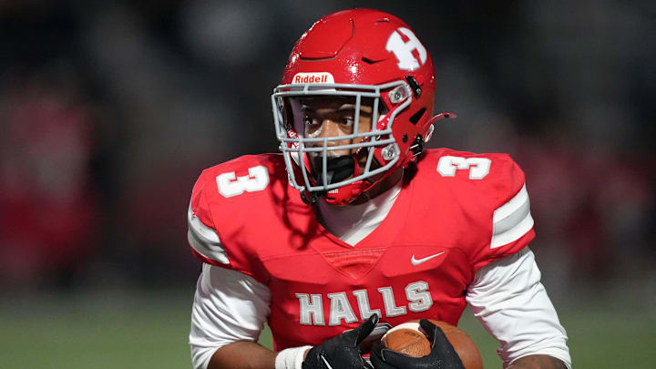 Halls' Jarrell Chandler (3) moves the ball during a TSSAA high school football game against Clinton on October 31, 2025, in Knoxville, Tenn.
