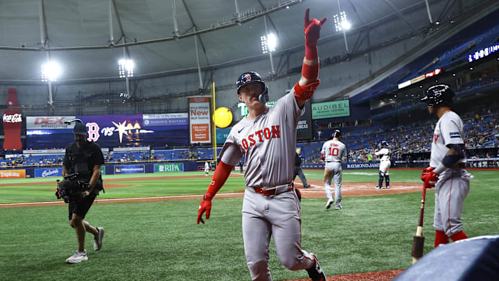 Sep 17, 2024; St. Petersburg, Florida, USA; Boston Red Sox first base Romy Gonzalez (23) celebrates after hitting a home run against the Tampa Bay Rays during the eighth inning at Tropicana Field. Mandatory Credit: Kim Klement Neitzel-Imagn Images Sep 17, 2024; St. Petersburg, Florida, USA; Boston Red Sox first base Romy Gonzalez (23) celebrates after hitting a home run against the Tampa Bay Rays during the eighth inning at Tropicana Field. Mandatory Credit: Kim Klement Neitzel-Imagn Images