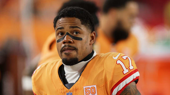 Tampa Bay Buccaneers wide receiver Sterling Shepard (17) looks on against the Atlanta Falcons during halftime