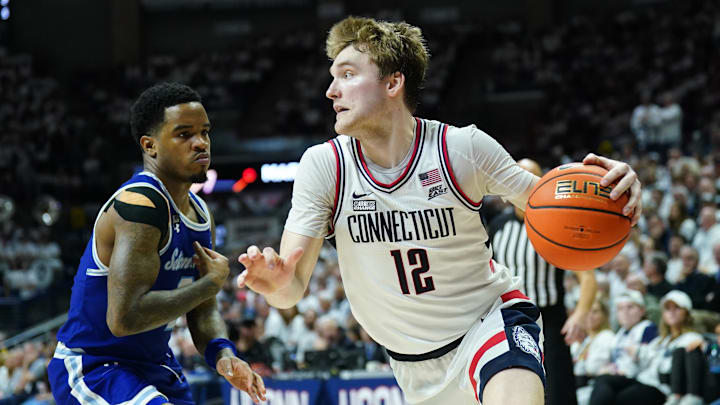 Mar 3, 2024; Storrs, Connecticut, USA; UConn Huskies guard Tristen Newton (2) drives the ball
